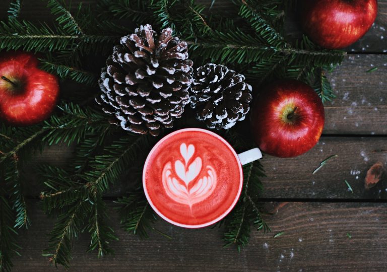 a holiday themed warm beverage surrounded by pine cones, cranberries and a garland